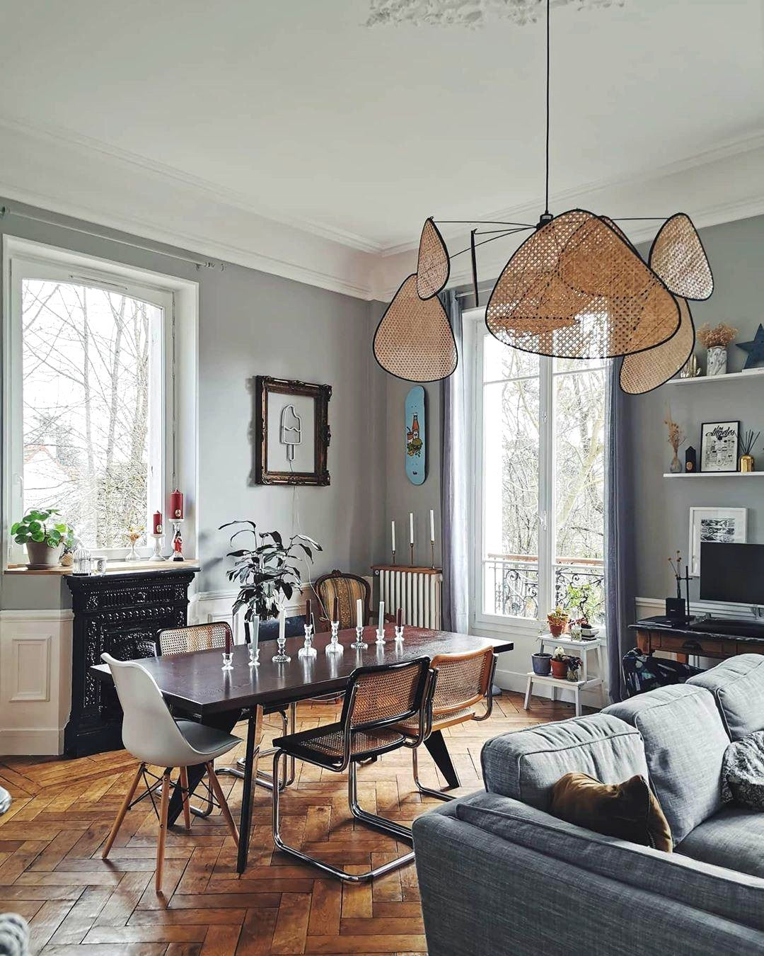 Lustra Lustre Écran Cannage Suspension Rétro