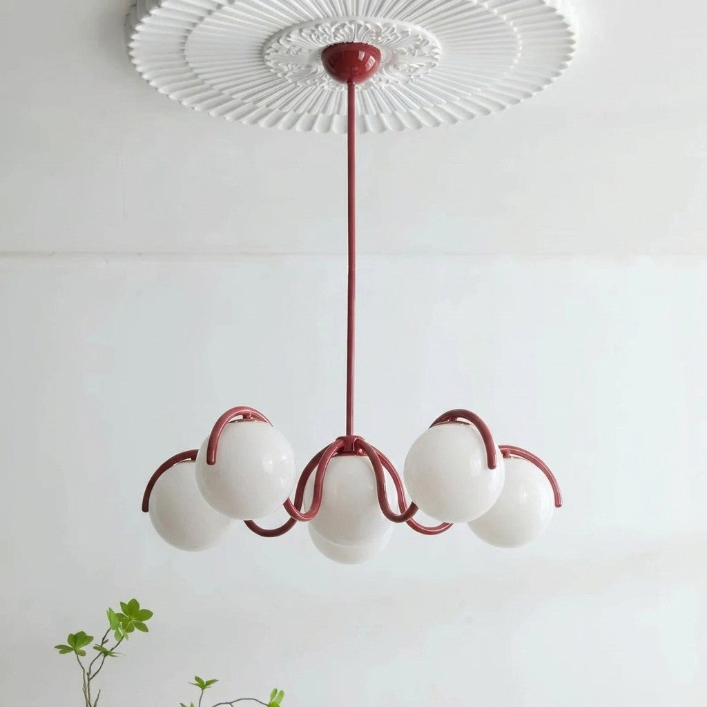 Suspension boule en verre, structure rouge