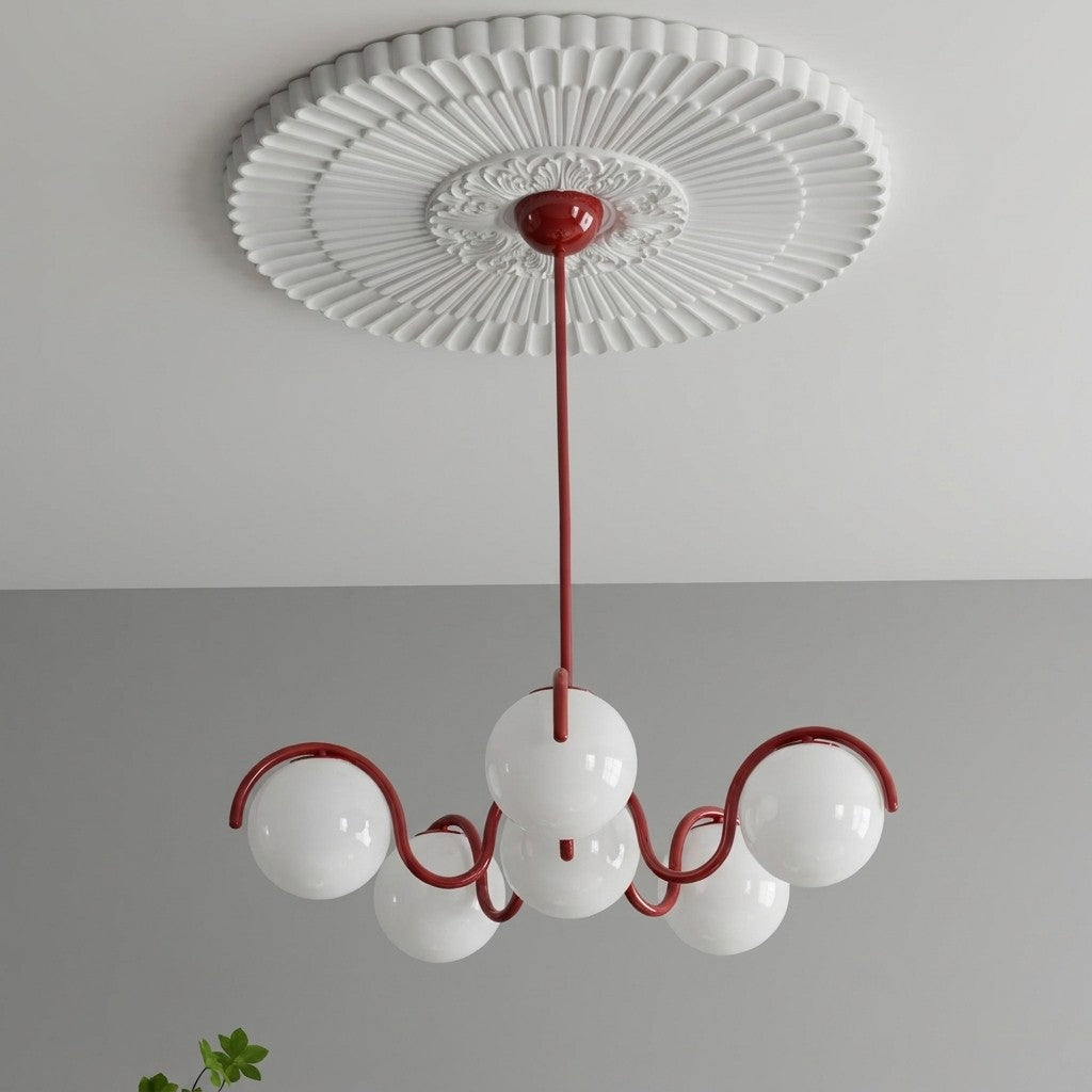 Suspension boule en verre, structure rouge