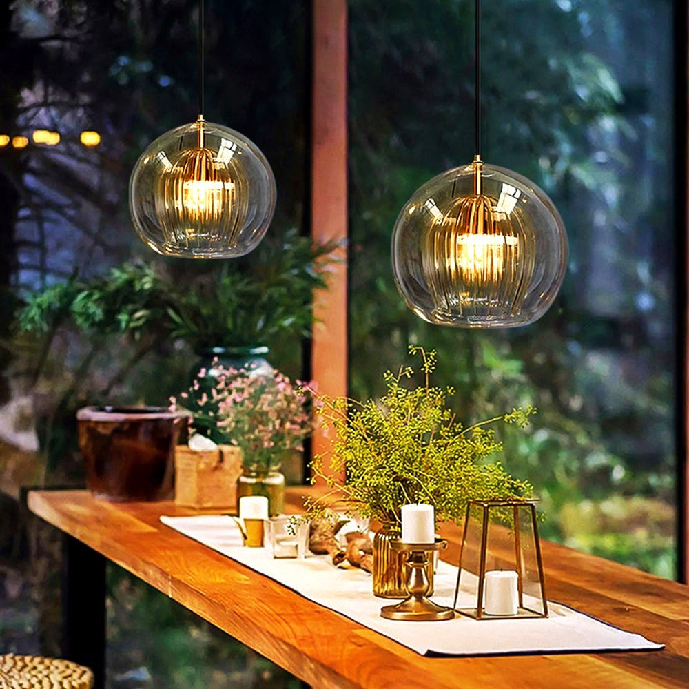 Suspension Globe en Verre Transparent et Métal Doré