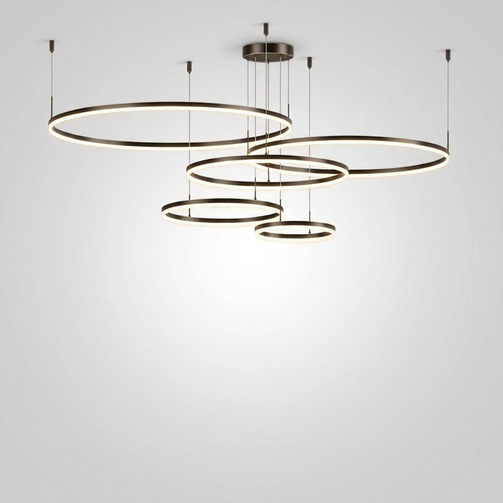 Suspension LED Anneaux Dorés Design Moderne Salon - Cadre noir 40 60 80 60 80cm 5 Anneaux Luminosité Dimmable
