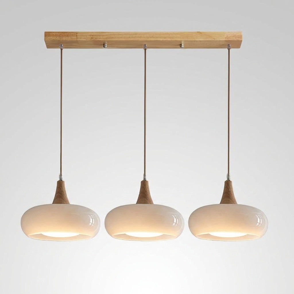 Suspension Bois et Verre Ambre Cuisine - 3  Lampes Blanc