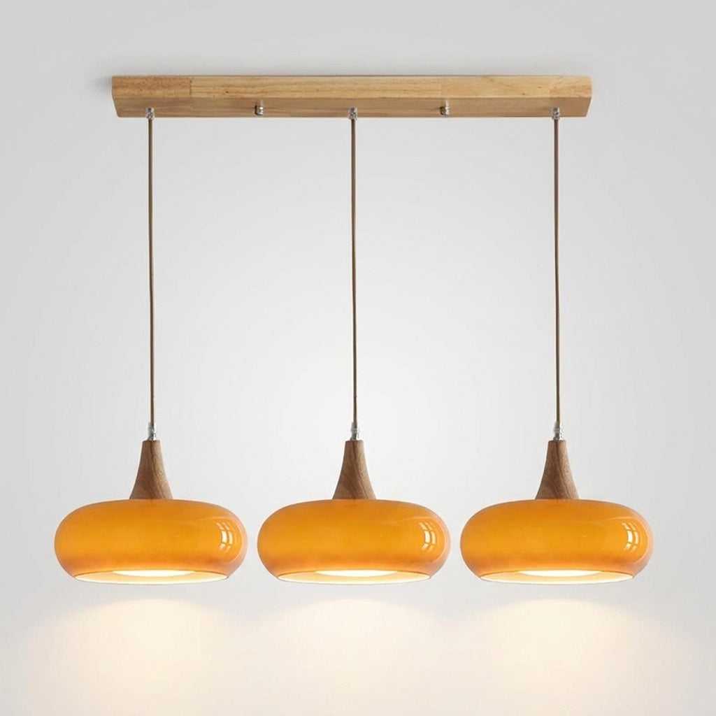 Suspension Bois et Verre Ambre Cuisine - 3  Lampes Orange