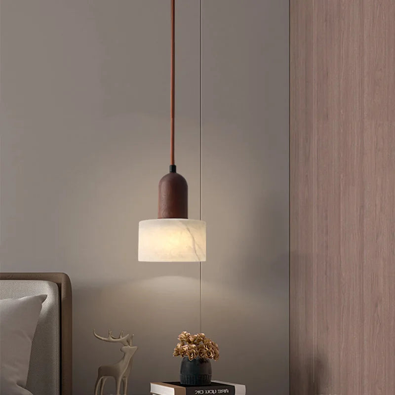 Suspension Cylindre en Marbre et Bois Design Contemporain