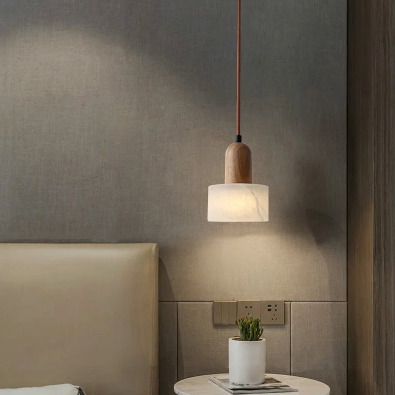 Suspension Cylindre en Marbre et Bois Design Contemporain