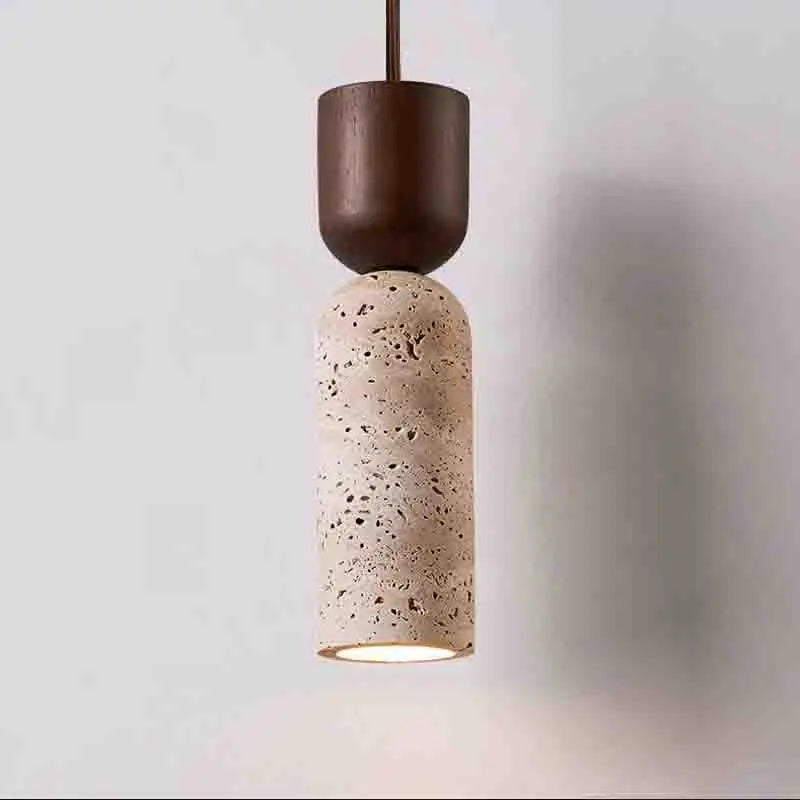 Suspension Cylindre en Travertin et Bois Design Japonais Wabi-Sabi