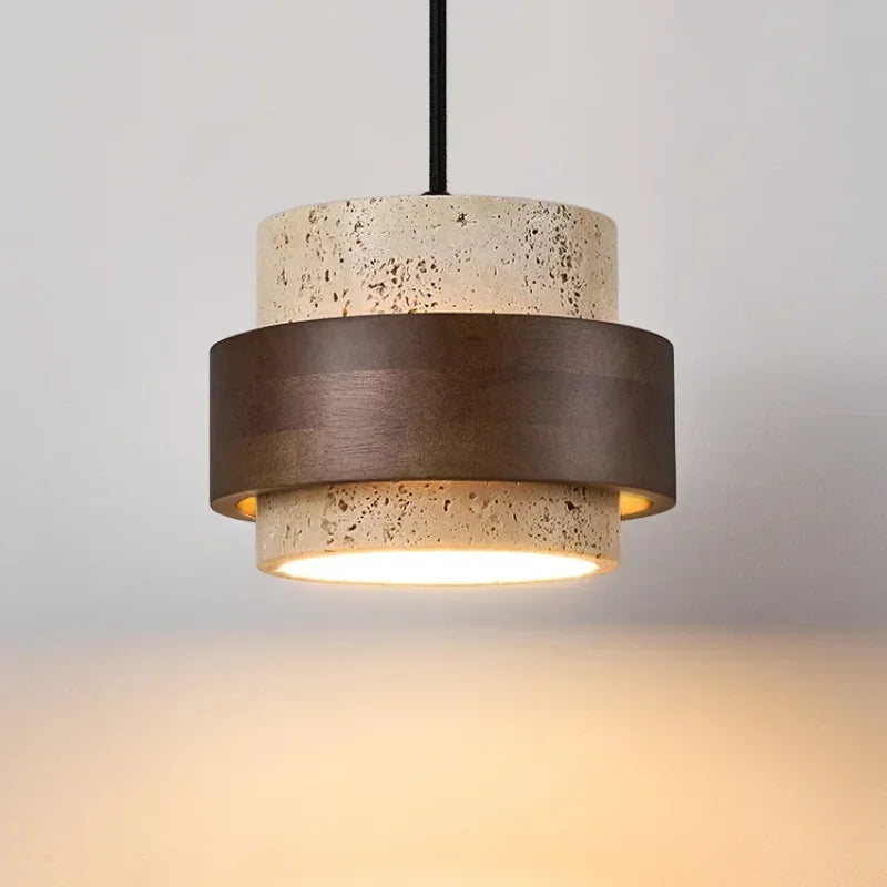 Suspension Cylindre en Travertin et Bois Design Japonais Wabi-Sabi