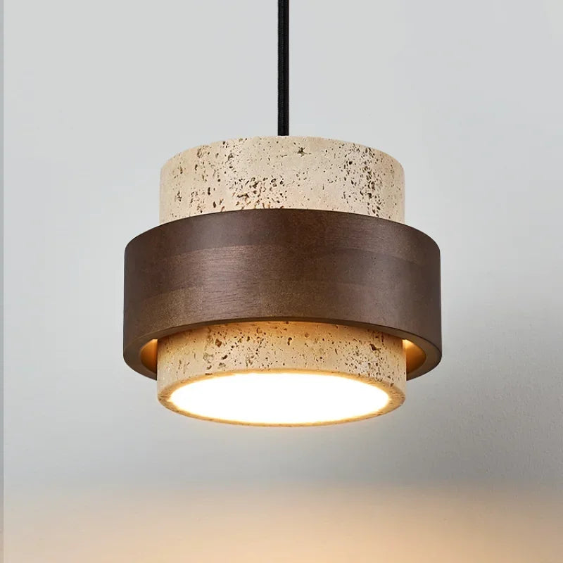 Suspension Cylindre en Travertin et Bois Design Japonais Wabi-Sabi