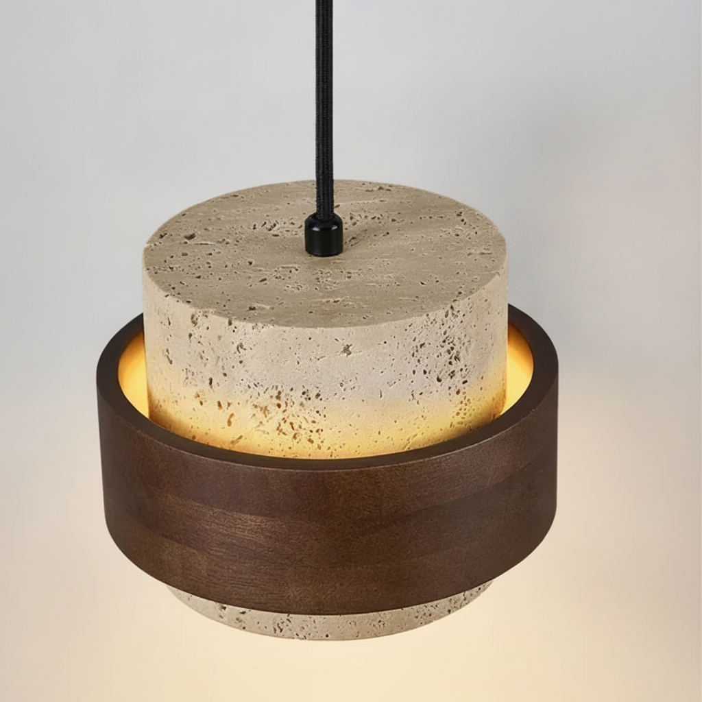 Suspension Cylindre en Travertin et Bois Design Japonais Wabi-Sabi