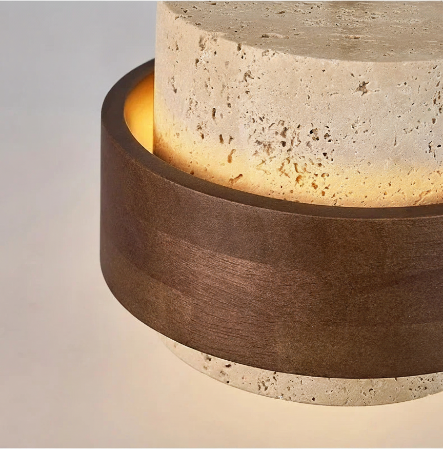 Suspension Cylindre en Travertin et Bois Design Japonais Wabi-Sabi