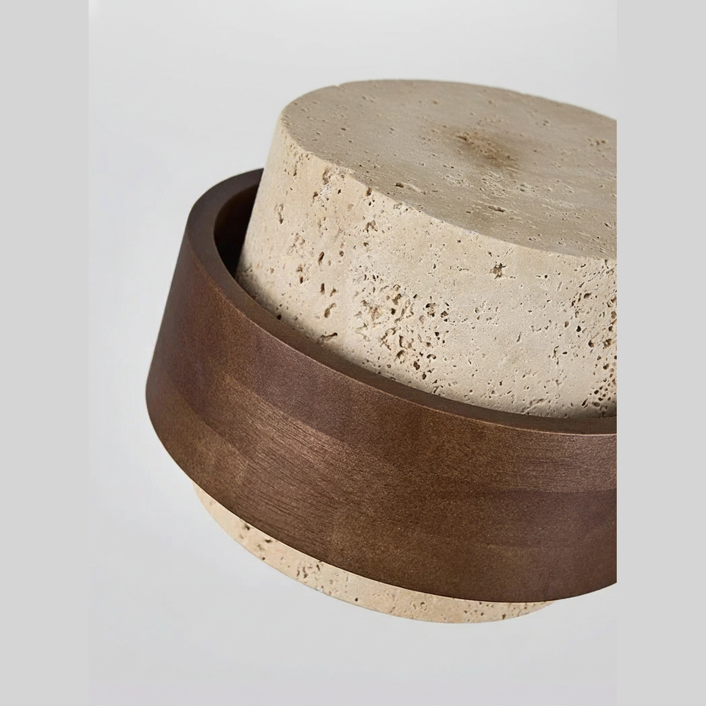 Suspension Cylindre en Travertin et Bois Design Japonais Wabi-Sabi