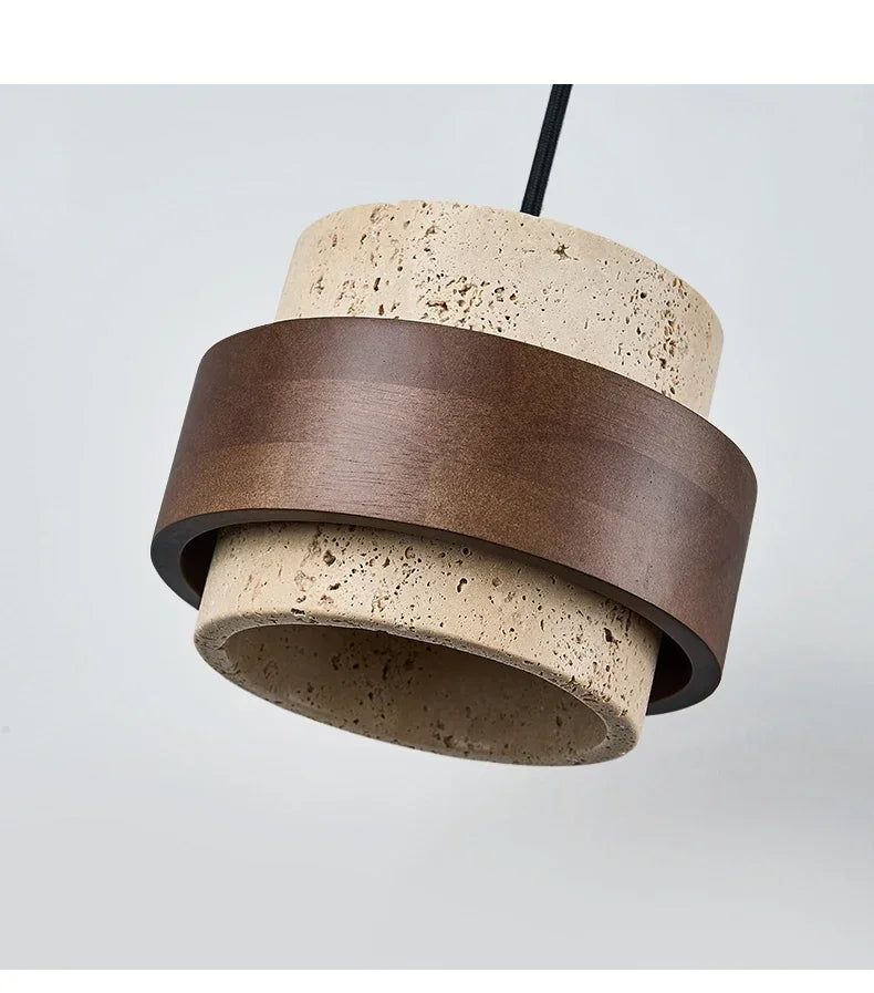 Suspension Cylindre en Travertin et Bois Design Japonais Wabi-Sabi