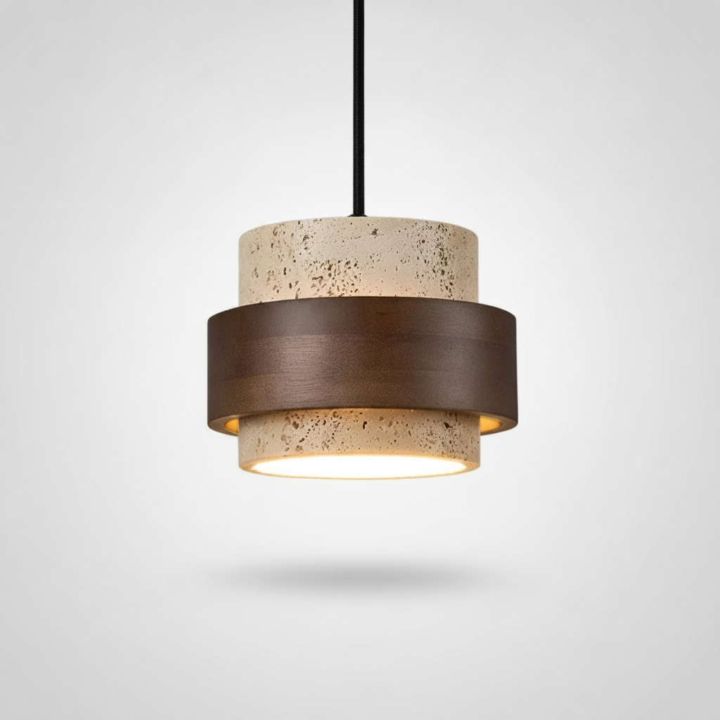 Suspension Cylindre en Travertin et Bois Design Japonais Wabi-Sabi