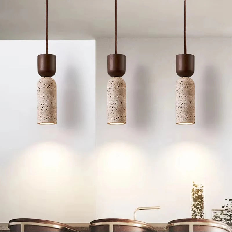 Suspension Cylindre en Travertin et Bois Design Japonais Wabi-Sabi