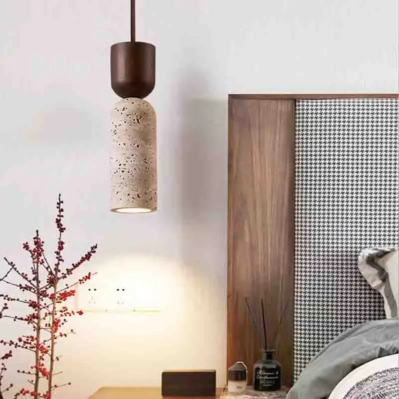 Suspension Cylindre en Travertin et Bois Design Japonais Wabi-Sabi