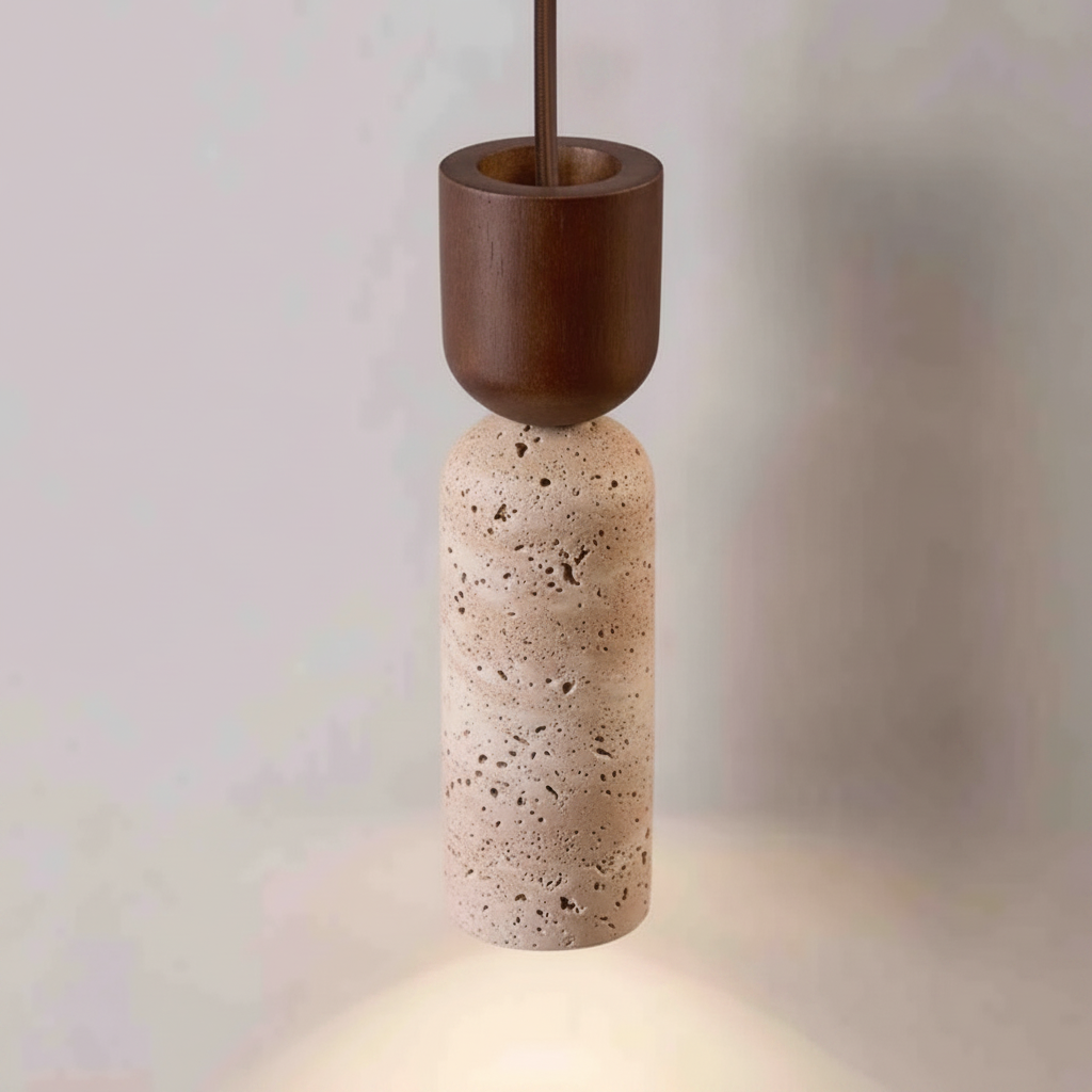 Suspension Cylindre en Travertin et Bois Design Japonais Wabi-Sabi