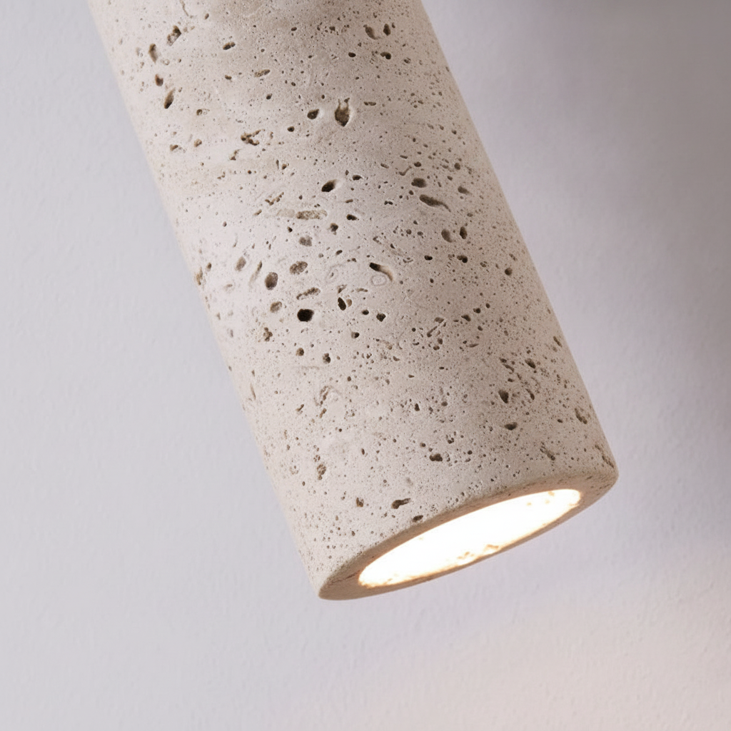 Suspension Cylindre en Travertin et Bois Design Japonais Wabi-Sabi
