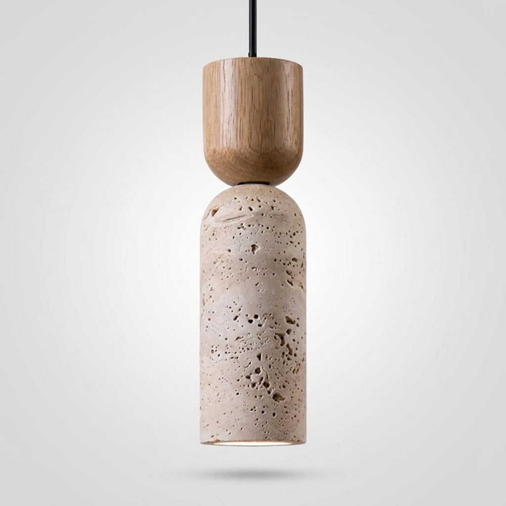 Suspension Cylindre en Travertin et Bois Design Japonais Wabi-Sabi