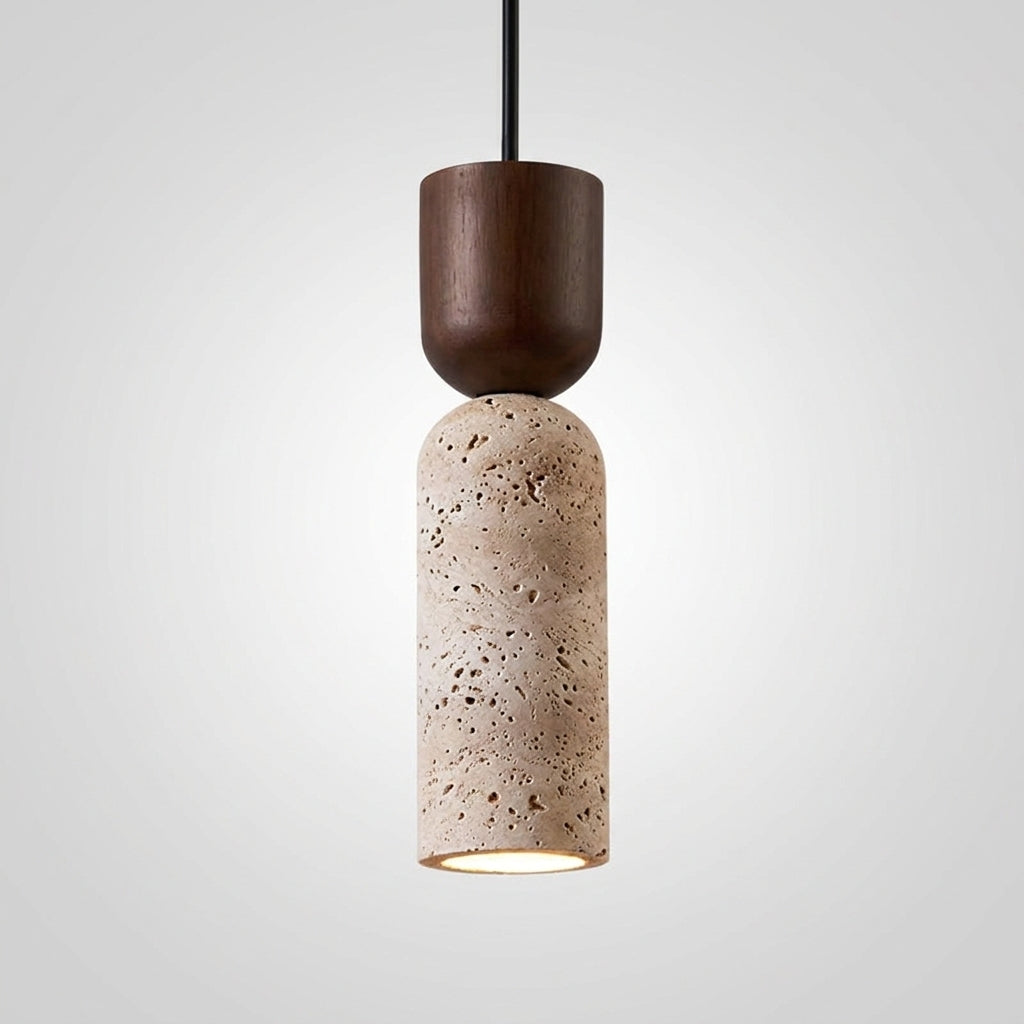 Suspension Cylindre en Travertin et Bois Design Japonais Wabi-Sabi