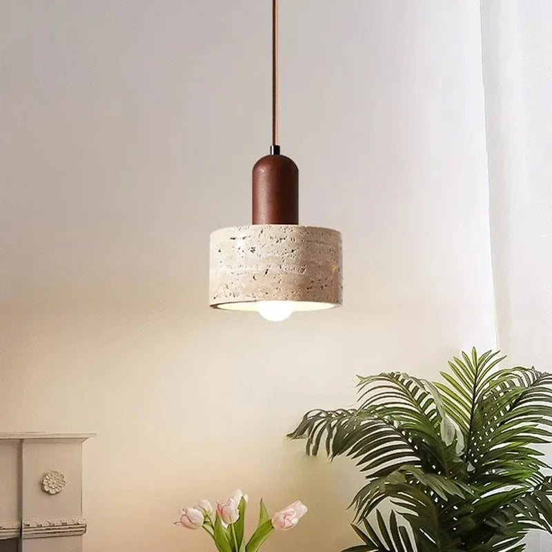Suspension Cylindre en Travertin et Bois Design Wabi-Sabi