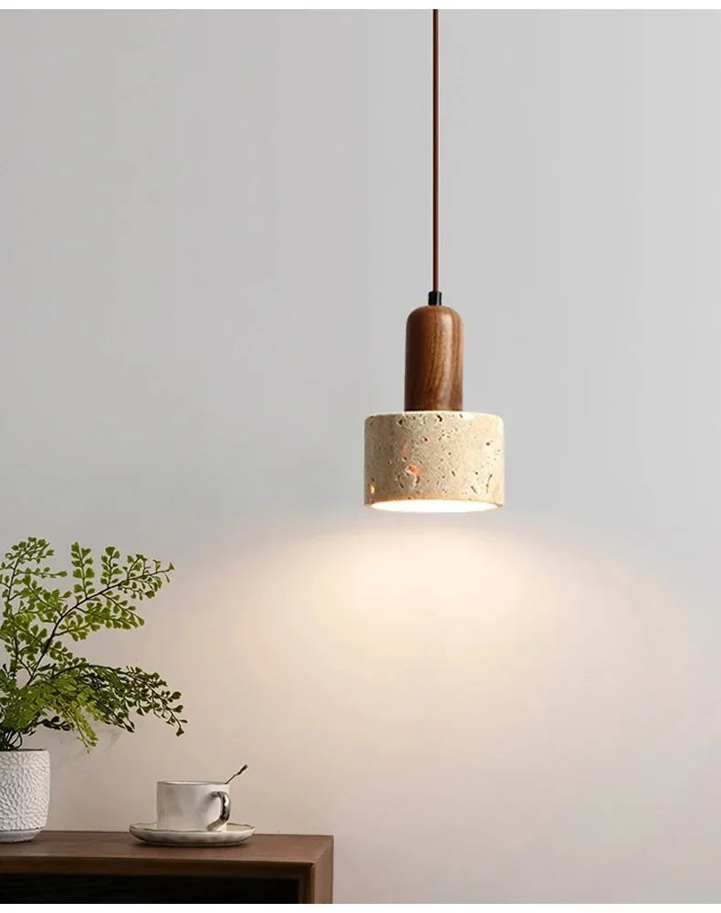 Suspension Cylindre en Travertin et Bois Design Wabi-Sabi