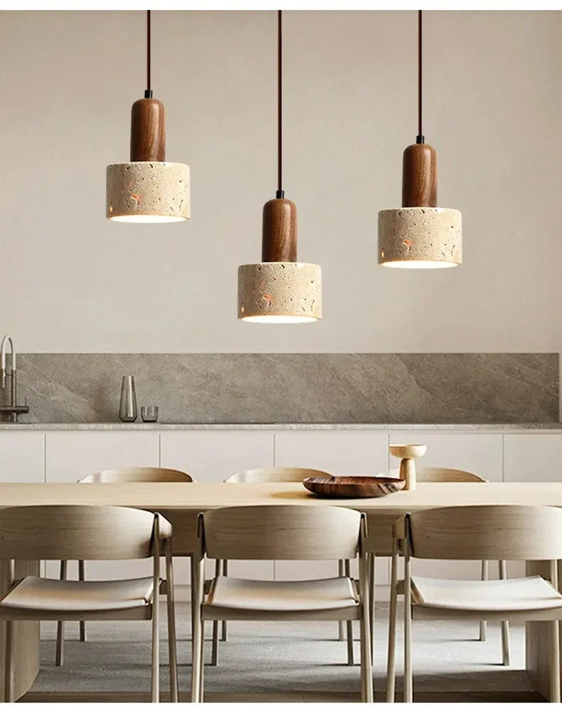 Suspension Cylindre en Travertin et Bois Design Wabi-Sabi