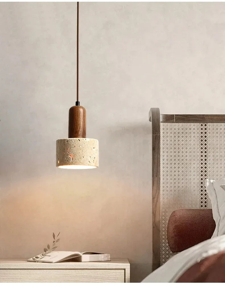 Suspension Cylindre en Travertin et Bois Design Wabi-Sabi