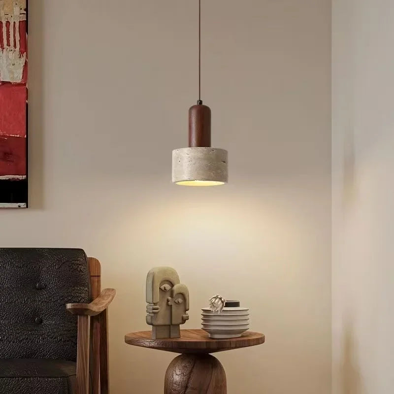 Suspension Cylindre en Travertin et Bois Design Wabi-Sabi