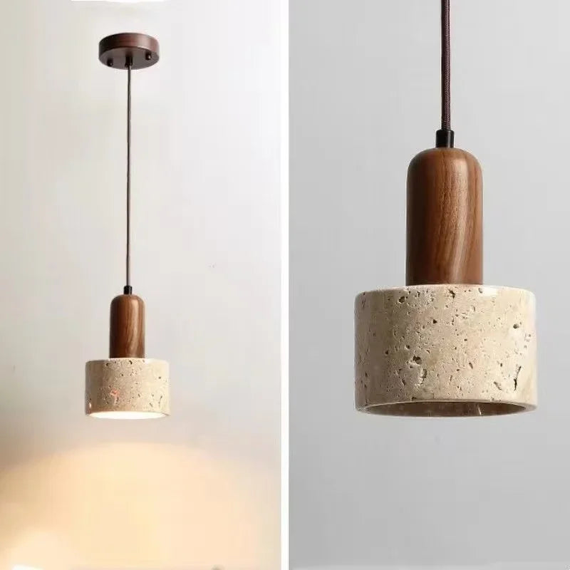 Suspension Cylindre en Travertin et Bois Design Wabi-Sabi