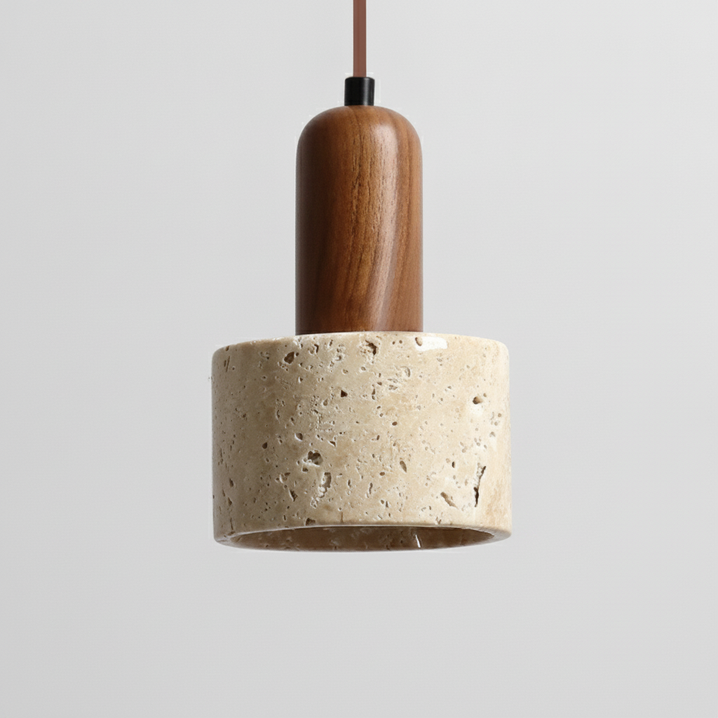 Suspension Cylindre en Travertin et Bois Design Wabi-Sabi