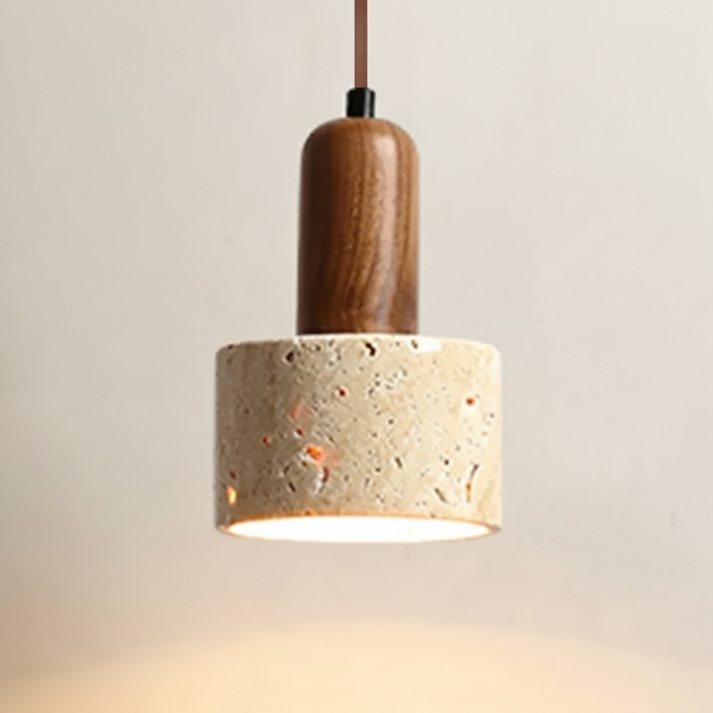 Suspension Cylindre en Travertin et Bois Design Wabi-Sabi