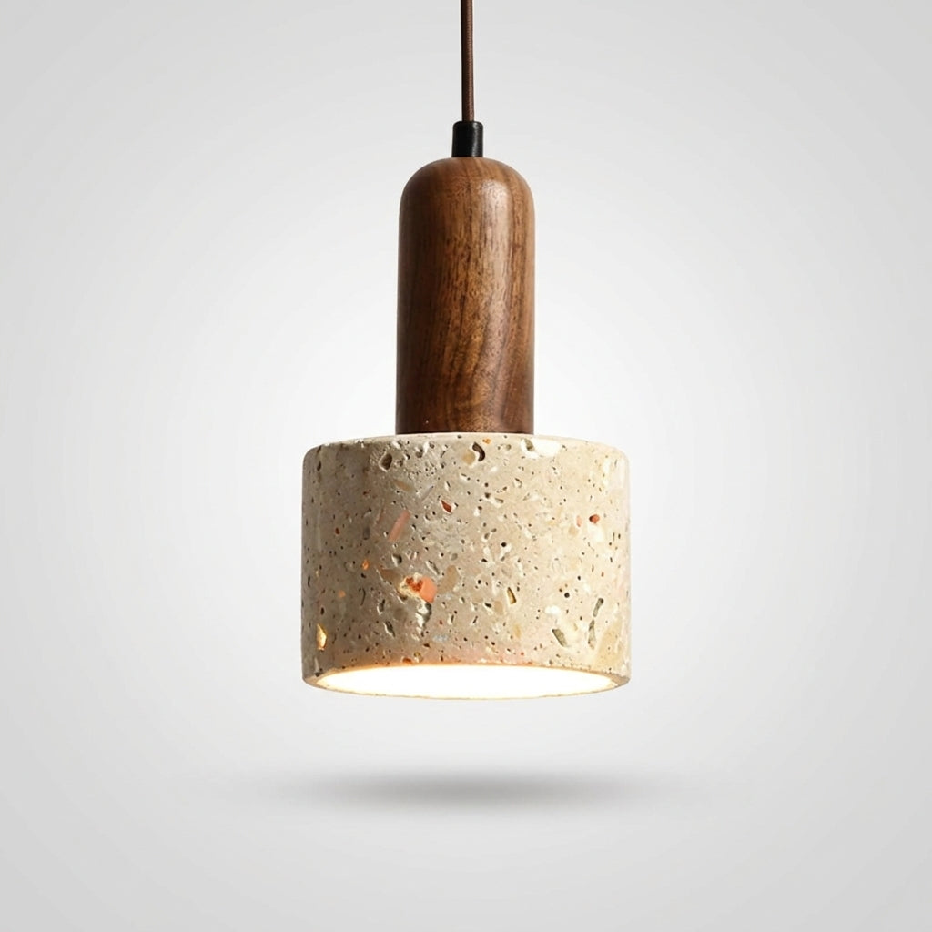Suspension Cylindre en Travertin et Bois Design Wabi-Sabi