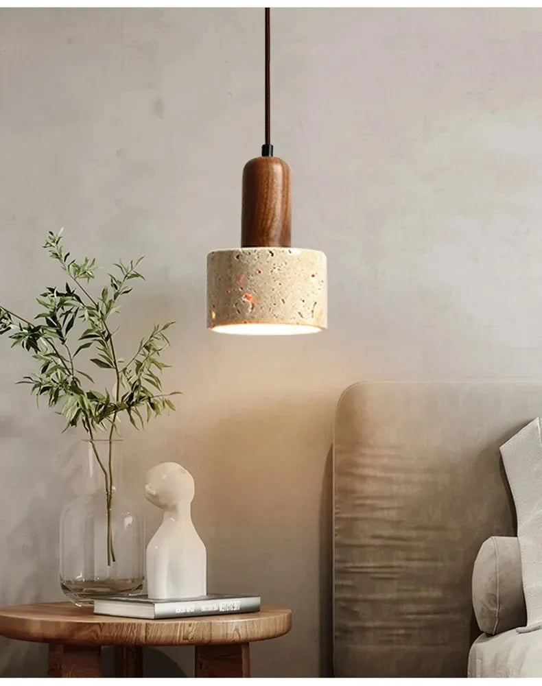 Suspension Cylindre en Travertin et Bois Design Wabi-Sabi