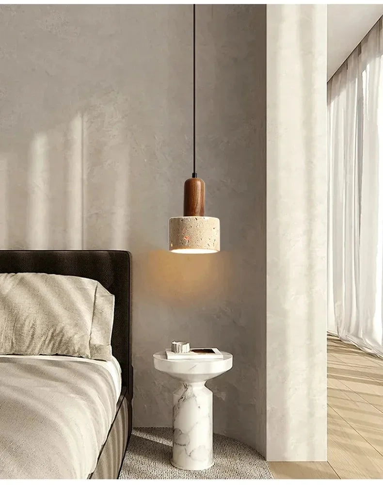 Suspension Cylindre en Travertin et Bois Design Wabi-Sabi