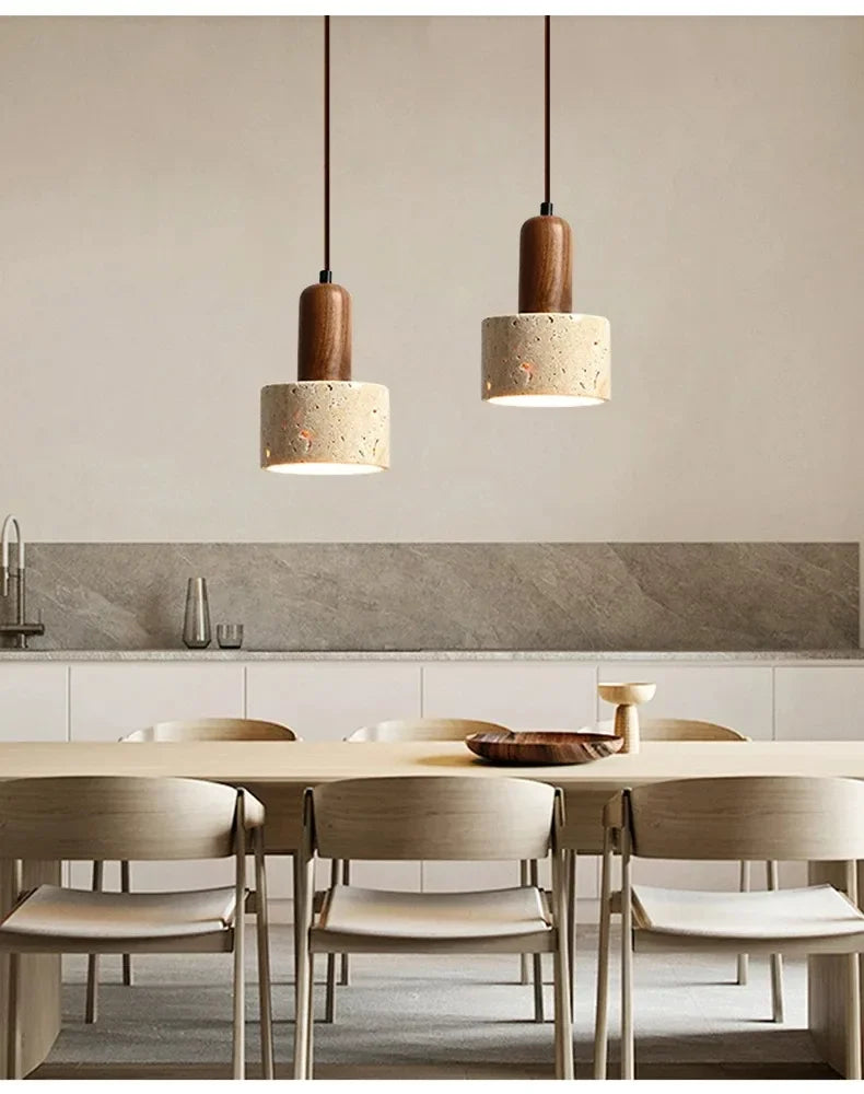 Suspension Cylindre en Travertin et Bois Design Wabi-Sabi