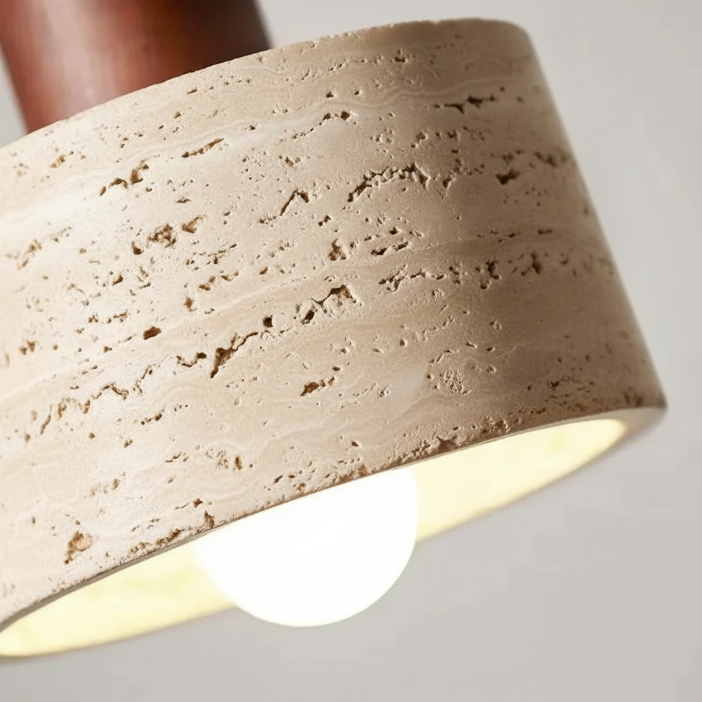 Suspension Cylindre en Travertin et Bois Design Wabi-Sabi