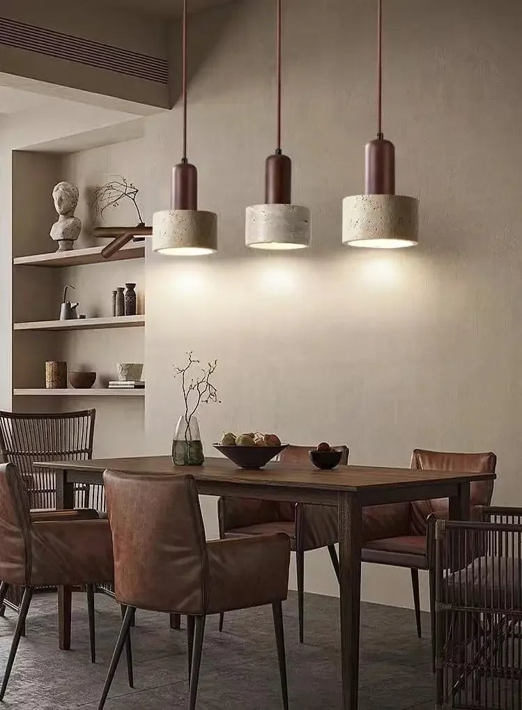 Suspension Cylindre en Travertin et Bois Design Wabi-Sabi