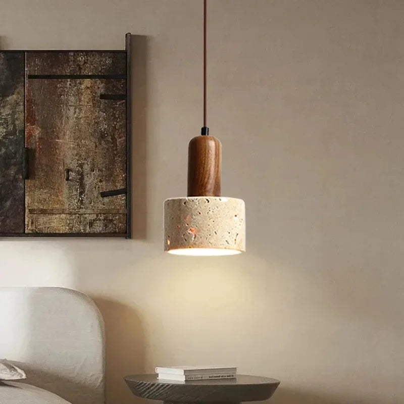 Suspension Cylindre en Travertin et Bois Design Wabi-Sabi