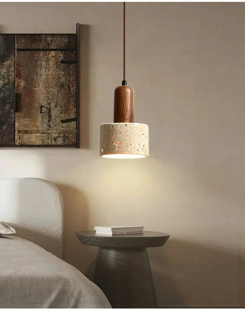 Suspension Cylindre en Travertin et Bois Design Wabi-Sabi