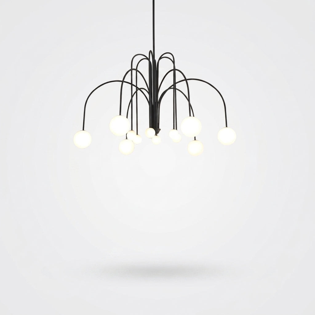 Suspension Design Moderne Noire à Boules Blanches en Verre et Métal
