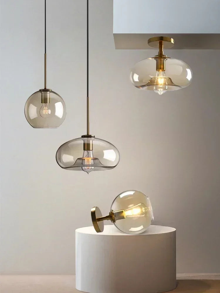 Suspension Diabolo en Verre Ambré Design Moderne