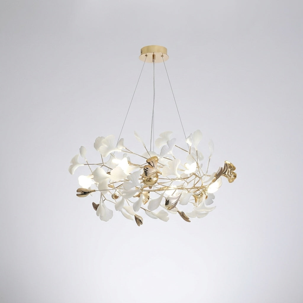 Suspension Fleurs Ginkgo Céramique Blanc et Doré - D100cm H40cm .84 pièces Image