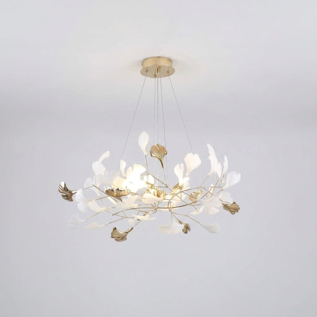 Suspension Fleurs Ginkgo Céramique Blanc et Doré - L80cm W40cm H40cm .48 pièces