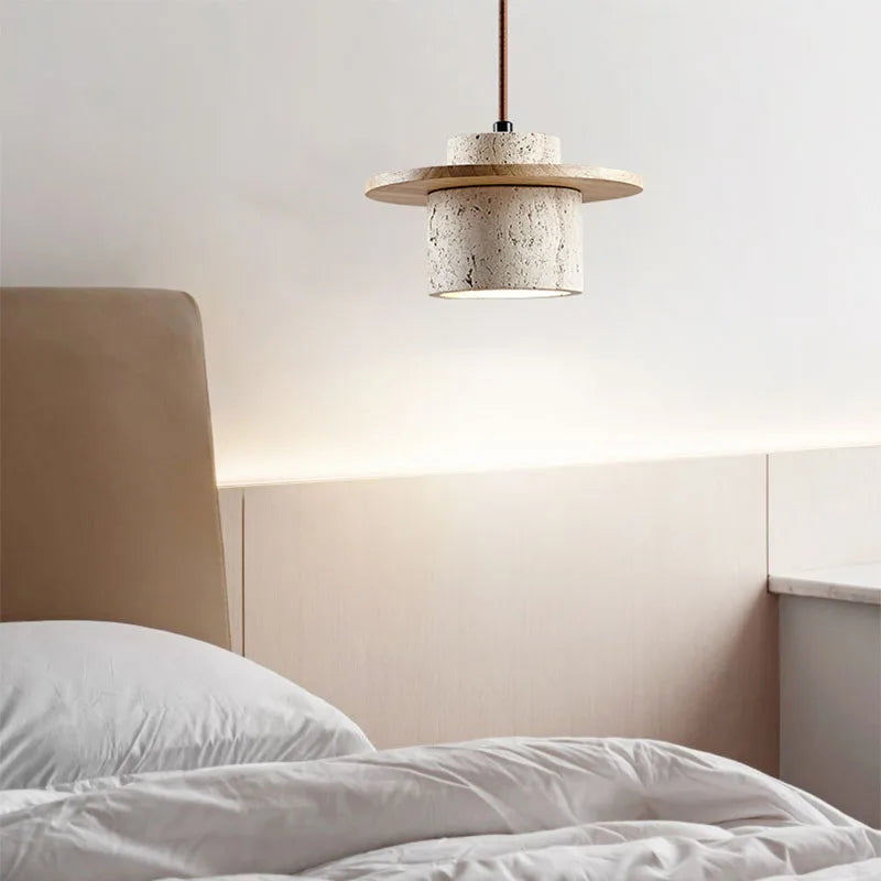Suspension Galet en Travertin et Bois Design Japonais Wabi-Sabi