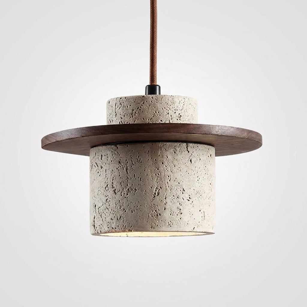 Suspension Galet en Travertin et Bois Design Japonais Wabi-Sabi