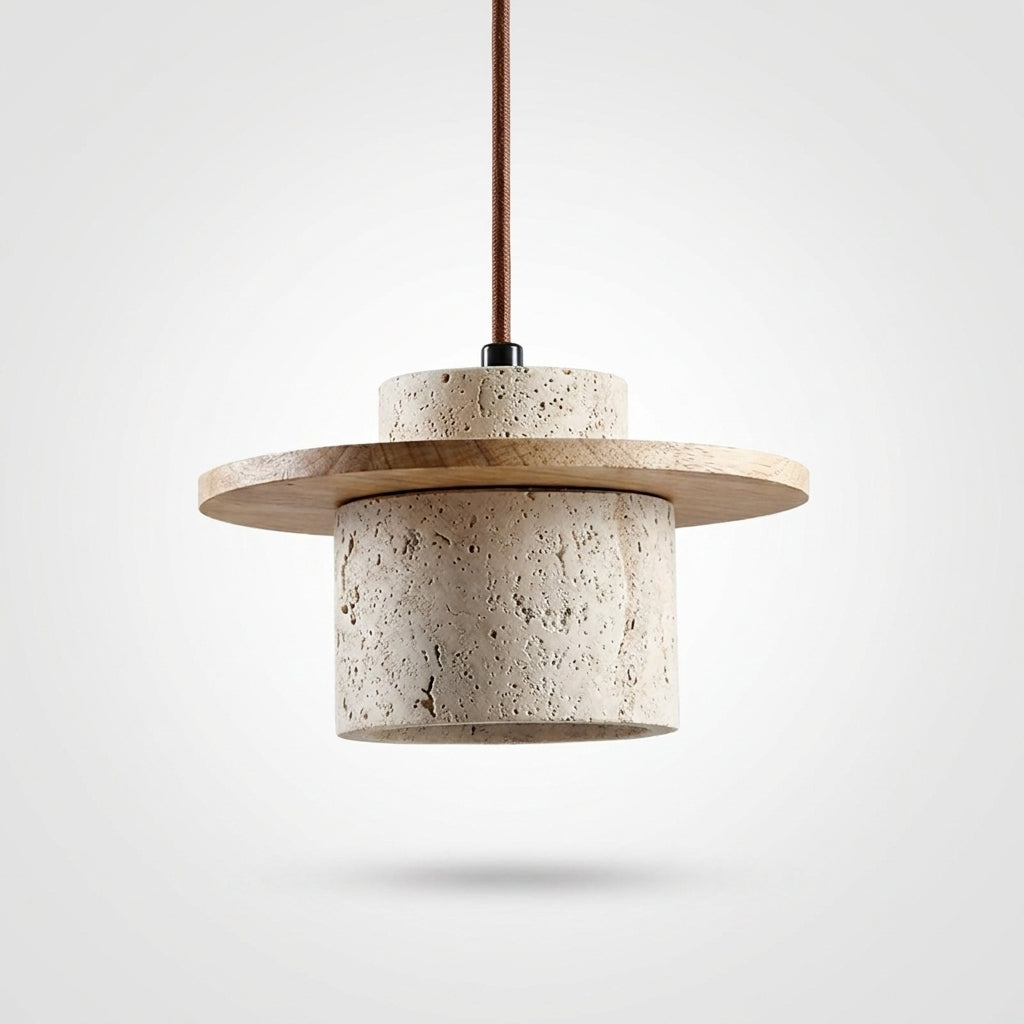 Suspension Galet en Travertin et Bois Design Japonais Wabi-Sabi