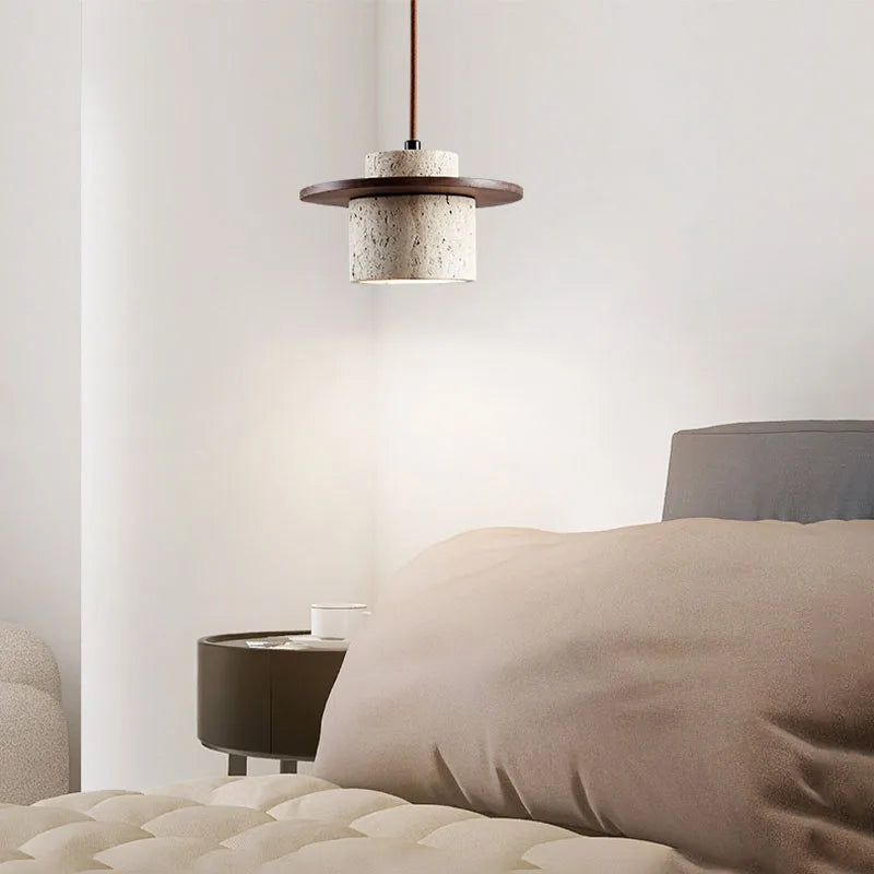 Suspension Galet en Travertin et Bois Design Japonais Wabi-Sabi
