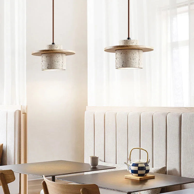 Suspension Galet en Travertin et Bois Design Japonais Wabi-Sabi