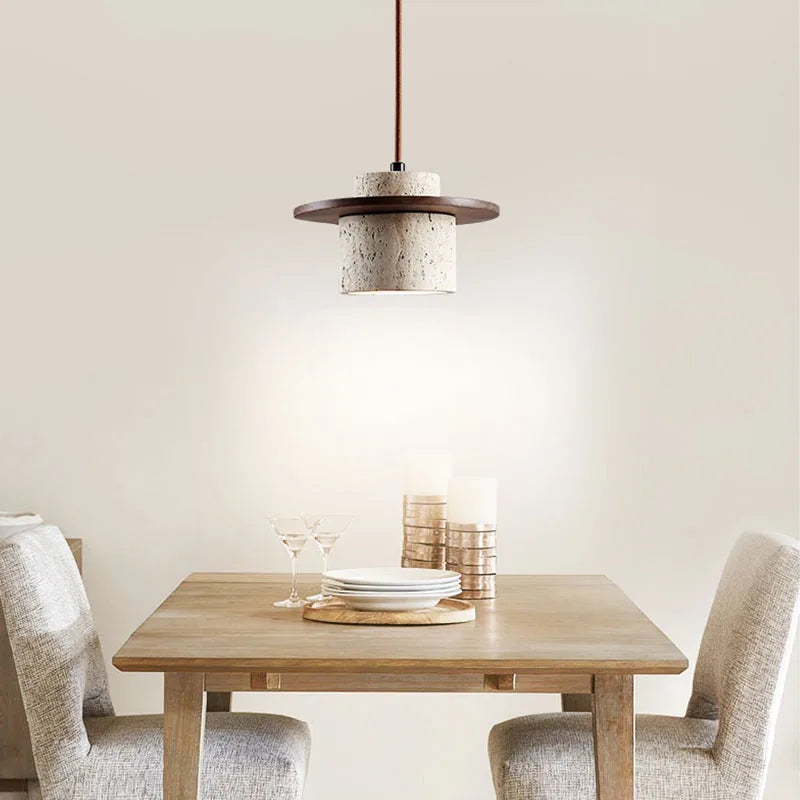 Suspension Galet en Travertin et Bois Design Japonais Wabi-Sabi