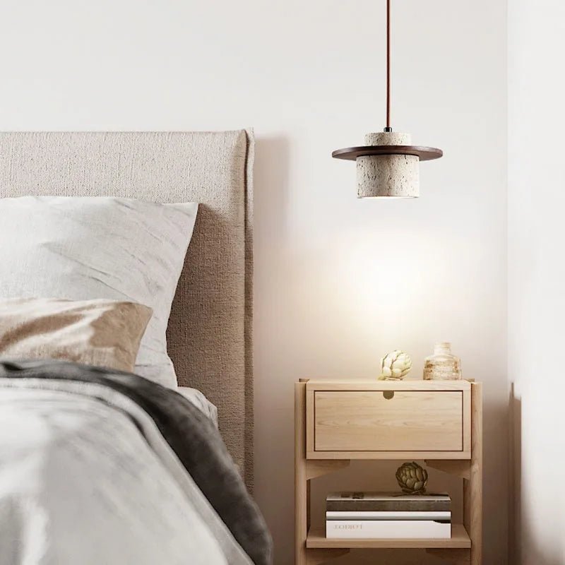 Suspension Galet en Travertin et Bois Design Japonais Wabi-Sabi